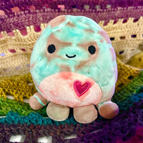 A little stuffed octopus with a heart on its chest sitting on a rainbow background